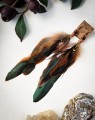 Unikatowe kolczyki z piór z naturalnym Tygrysim Okiem, ręcznie wykonana biżuteria artystyczna, styl boho, biżuteria leśna, miedziany drut, prezent dla miłośniczki natury.