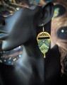 unikatowe kolczyki boho handmade, ręcznie wykonana biżuteria damska, mikromakrama w odcieniach zieleni, turkusu i szarości