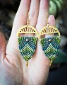 zielone kolczyki mikromakrama handmade, ręcznie robiona biżuteria damska, turkusowe kolczyki boho, unikatowe rękodzieło artystyczne Imvelo